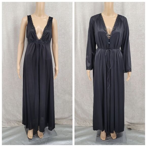 Lorraine Vintage Maxi Length Black Slip Dress Nightgown and Peignoir Robe Lace - Picture 2 of 16